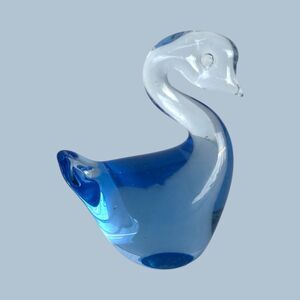 Vintage Blue Clear Art Glass Swan Figurine 4.5" Hand Blown Bird Paperweight